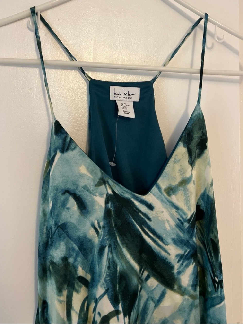 Nicole Miller Teal & Blue Printed Satin Camisole Maxi Dress NWOT